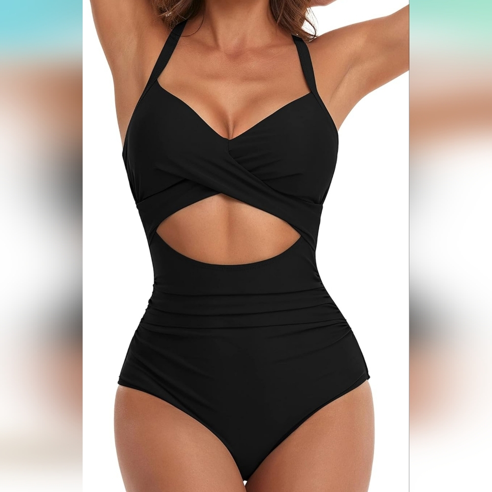 One Piece Tummy Control Cut Out Criss Cross Back Swimsuit